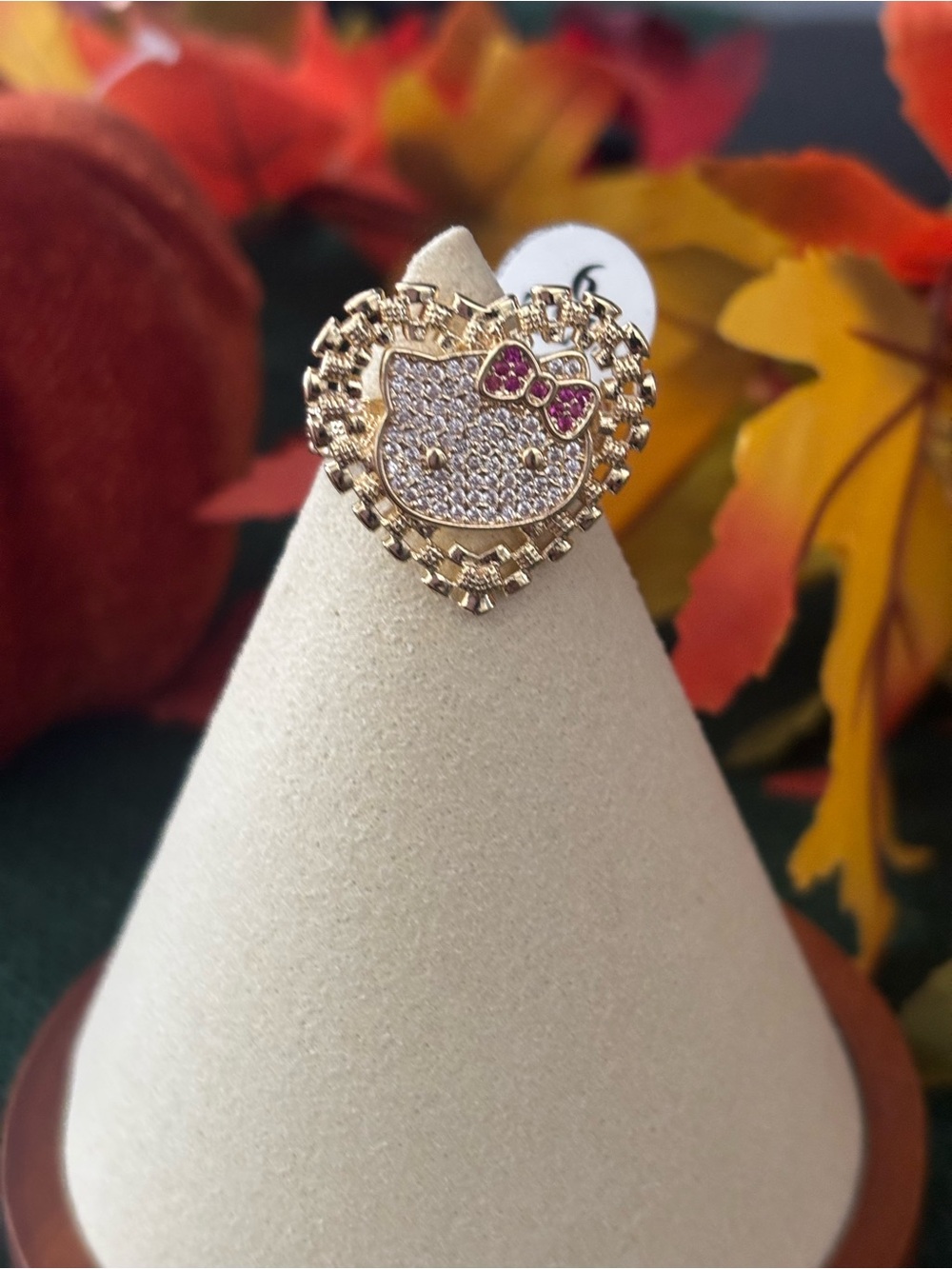 Hello Kitty Gold-Tone Heart Ring with Pink Crystal Bow size 9